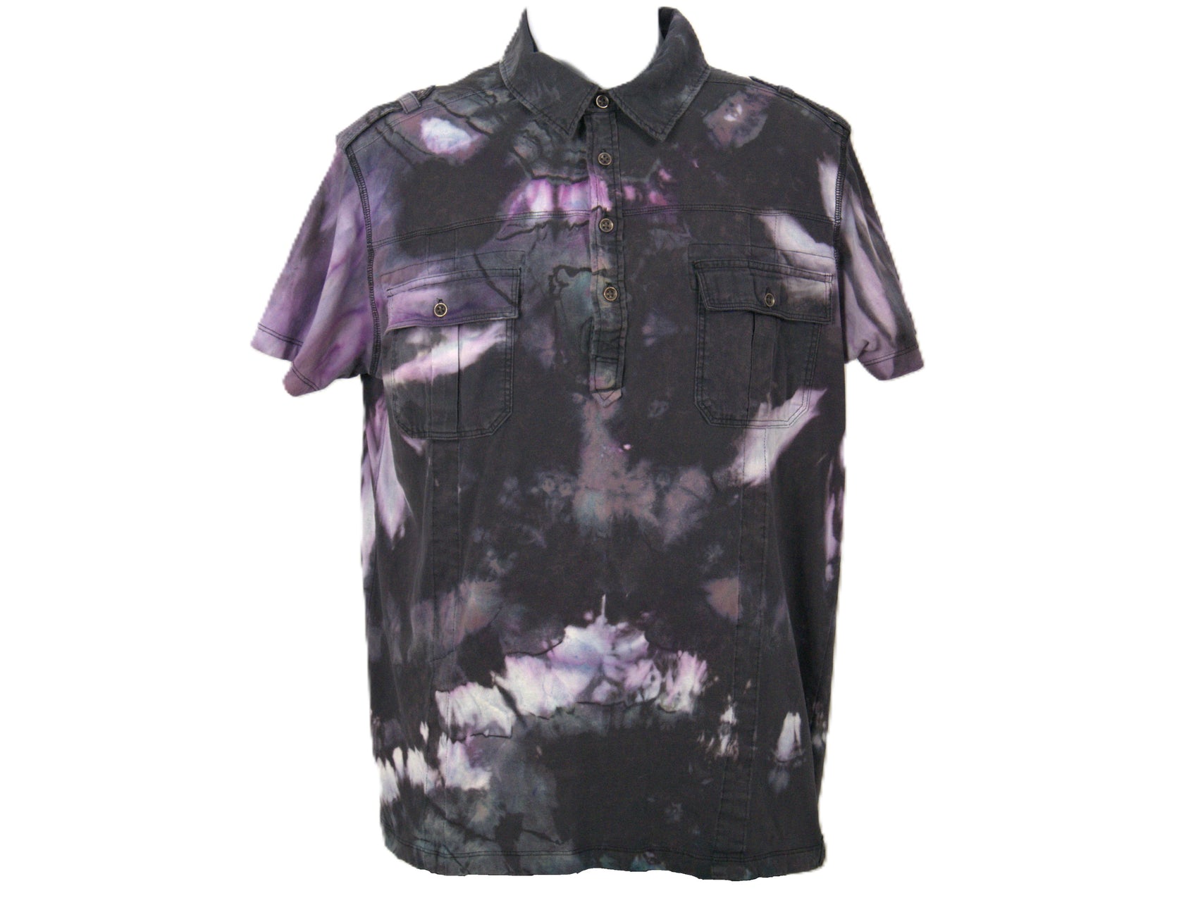 Front view mens tie dye polo shirt size large black purple with chest pockets