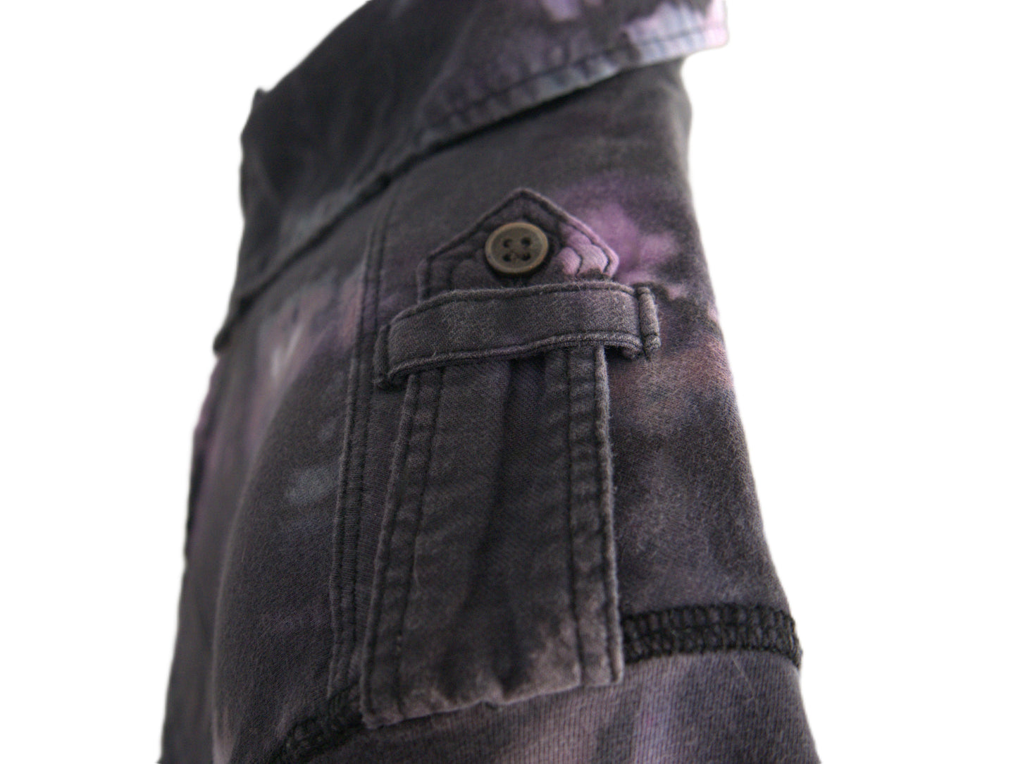 Left shoulder detail black purple reverse tie dye polo hand dyed sustainable