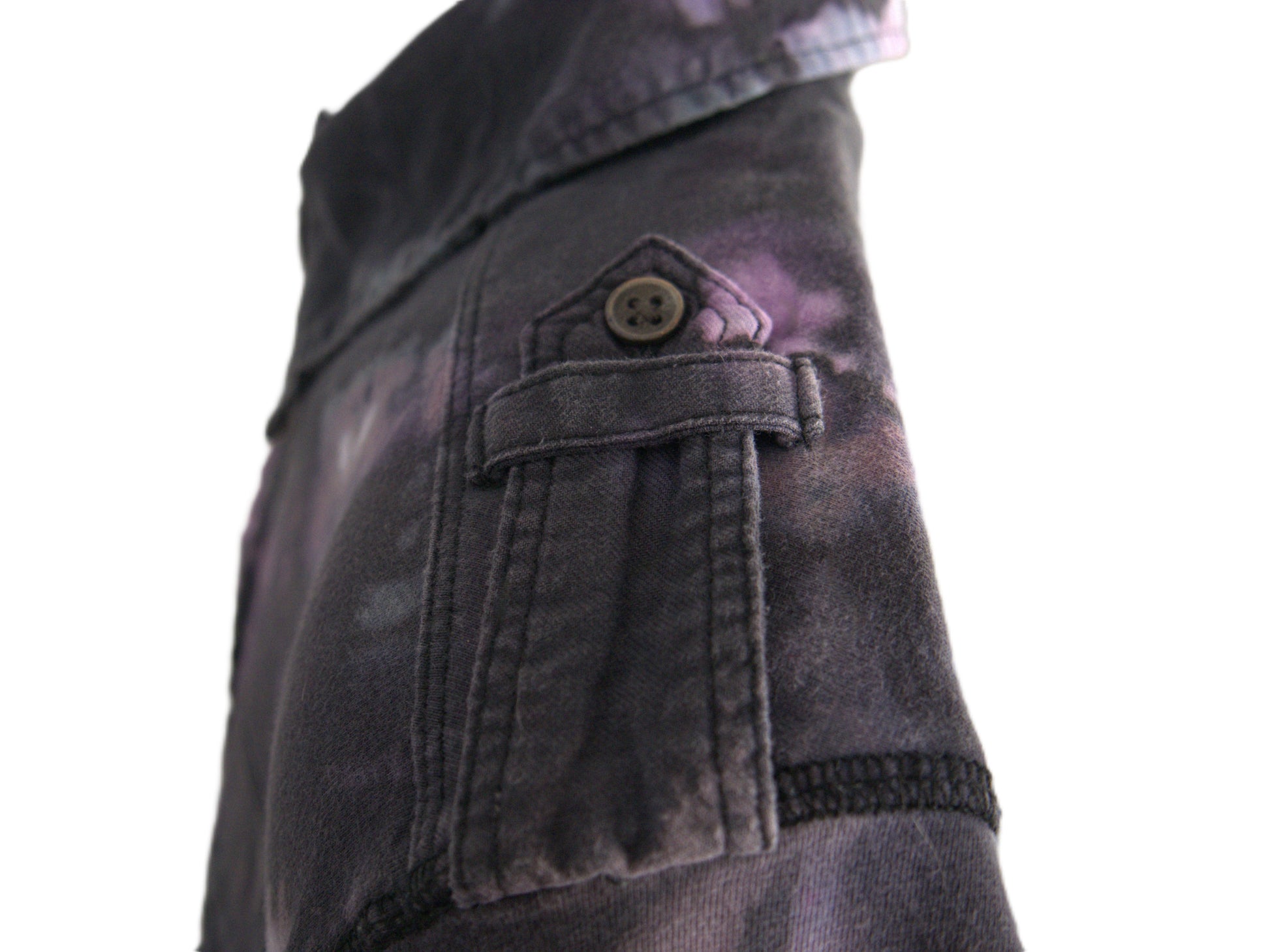 Left shoulder detail black purple reverse tie dye polo hand dyed sustainable