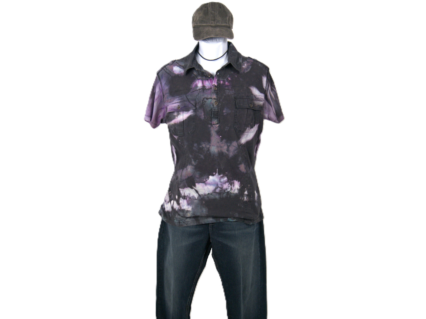 Styled mens tie dye polo shirt large with jeans black purple reverse dye casual wear