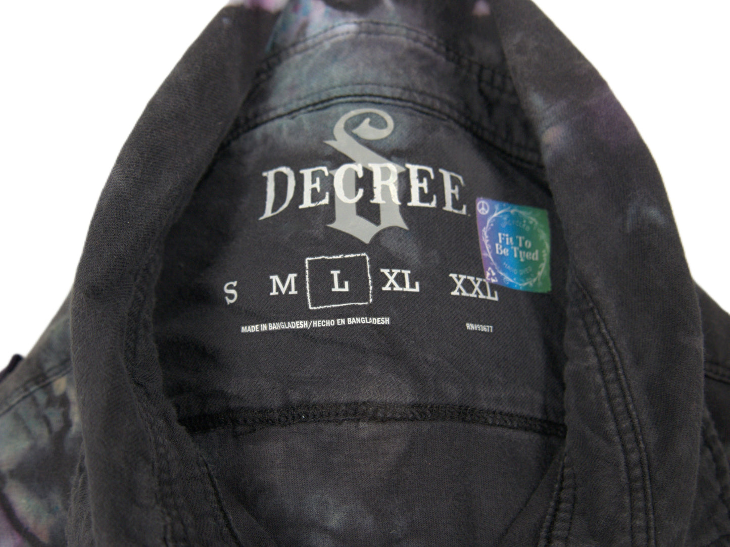Decree size large label with Fit To Be Tyed logo hand dyed upcycled polo shirt