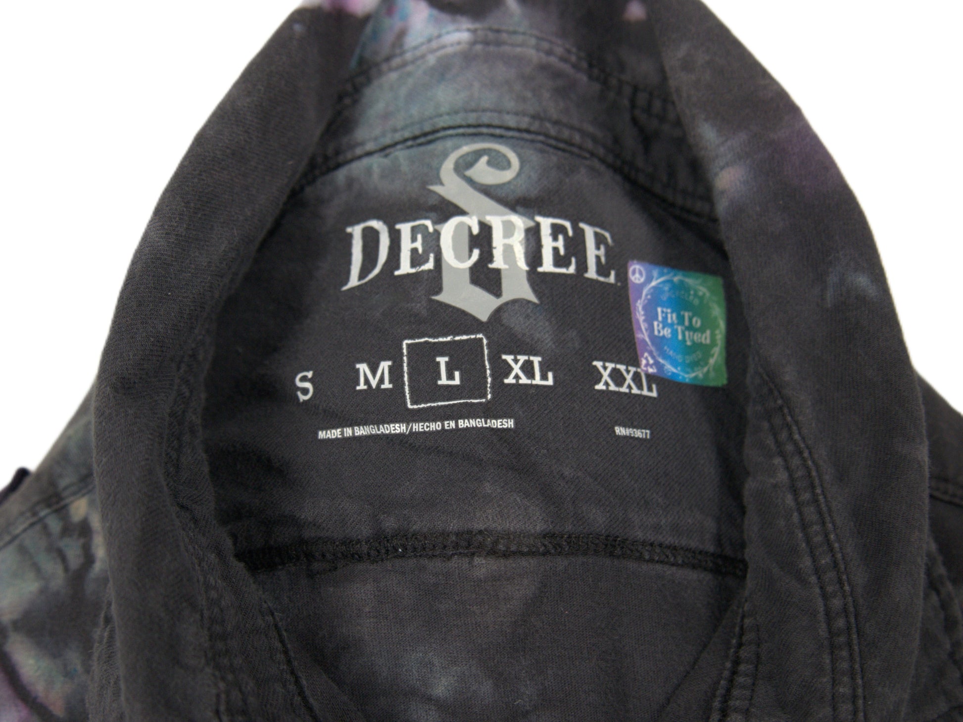 Decree size large label with Fit To Be Tyed logo hand dyed upcycled polo shirt