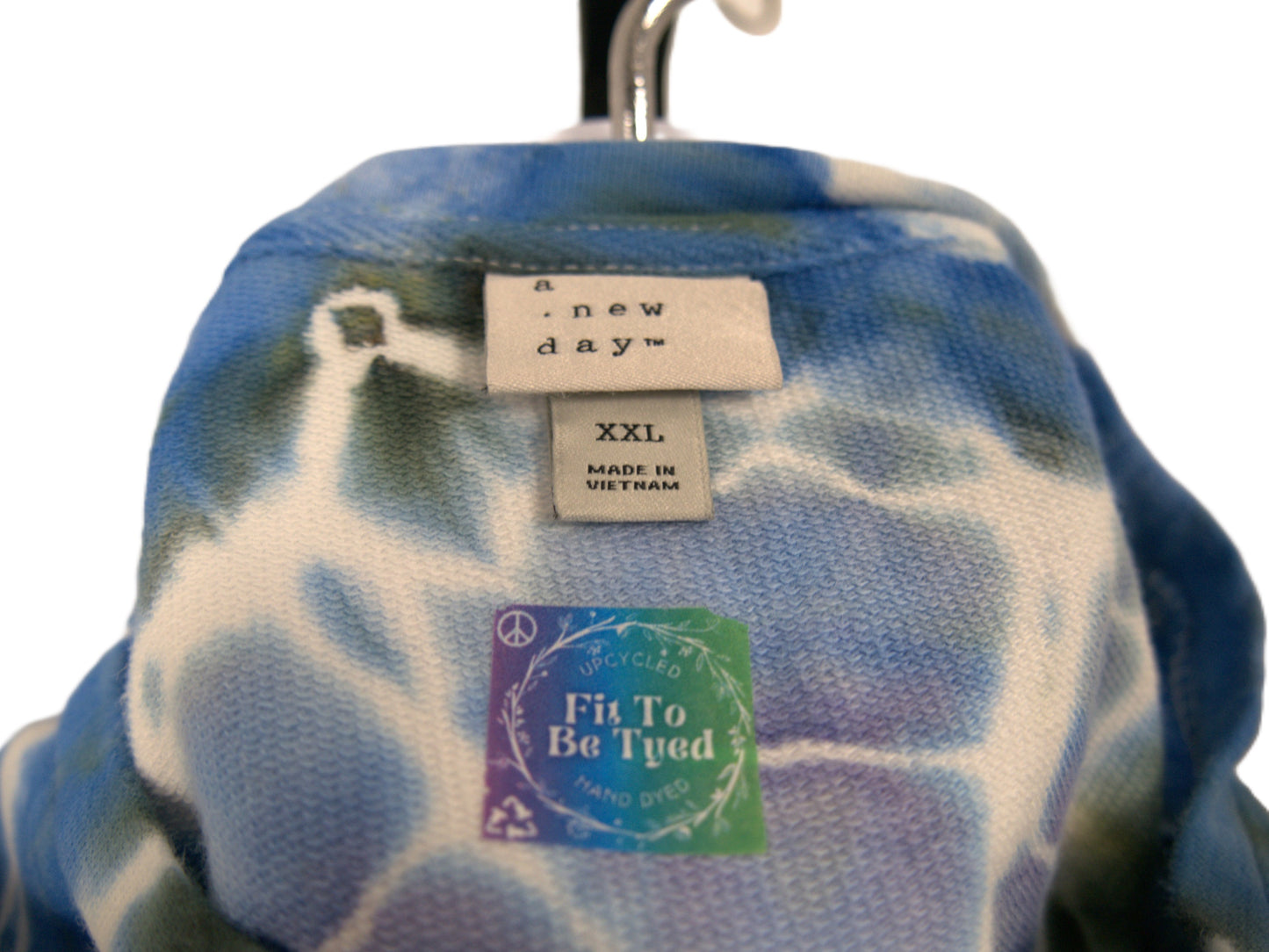 A New Day size XXL label with Fit To Be Tyed logo hand dyed upcycled top