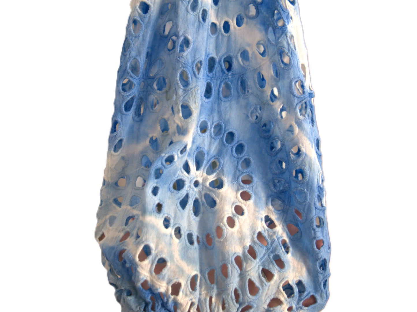 Left eyelet lace sleeve detail blue tie dye cut out embroidered womens top