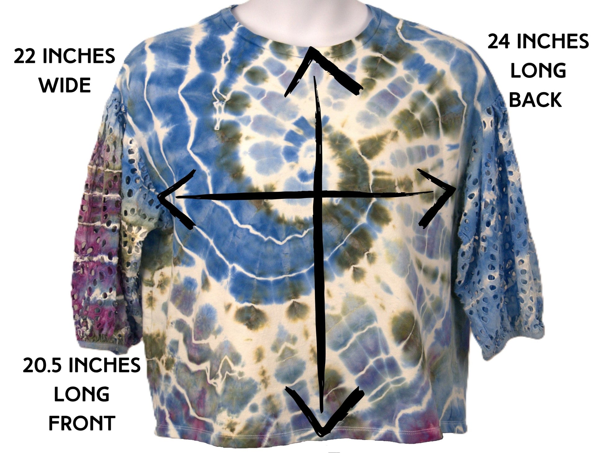 Womens top size XXL measurements 22 inches wide 24 inches long tie dye
