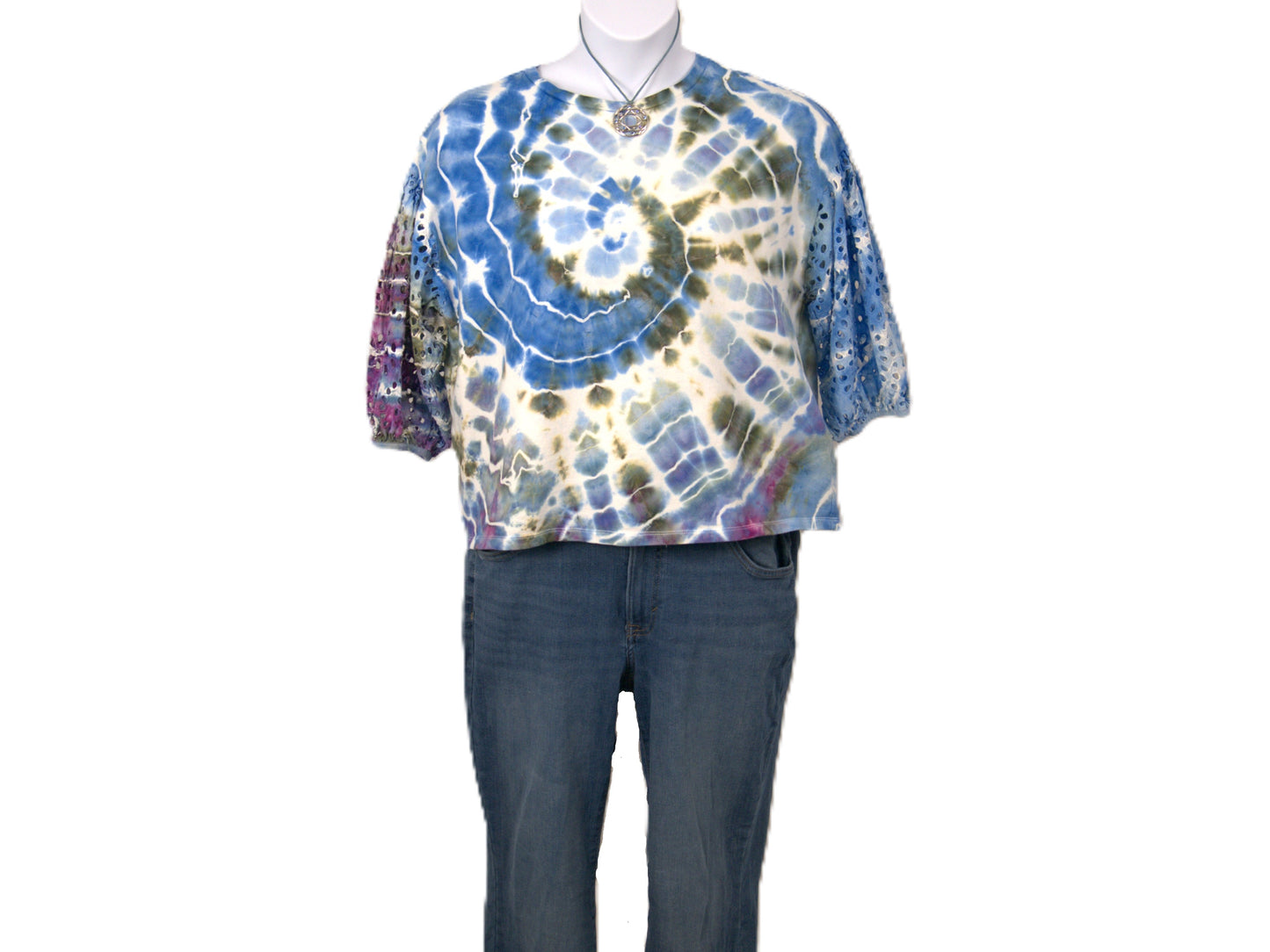 Styled tie dye top XXL with jeans blue green purple boho festival fashion plus size