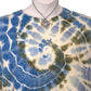Styled tie dye top close up blue green spiral pattern eyelet sleeves boho jewelry