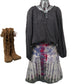 Women's 14 Circle Skirt with Pink Purple and Gray Tie Dye, styled with a gray Pirate style shirt with moccasin boots and purple bauble necklace