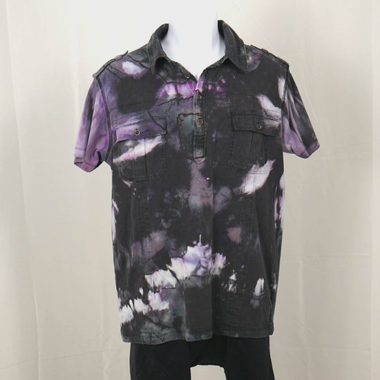Reverse Tie Dye Mens Polo Shirt Large - Black Purple Hand Dyed 360 View