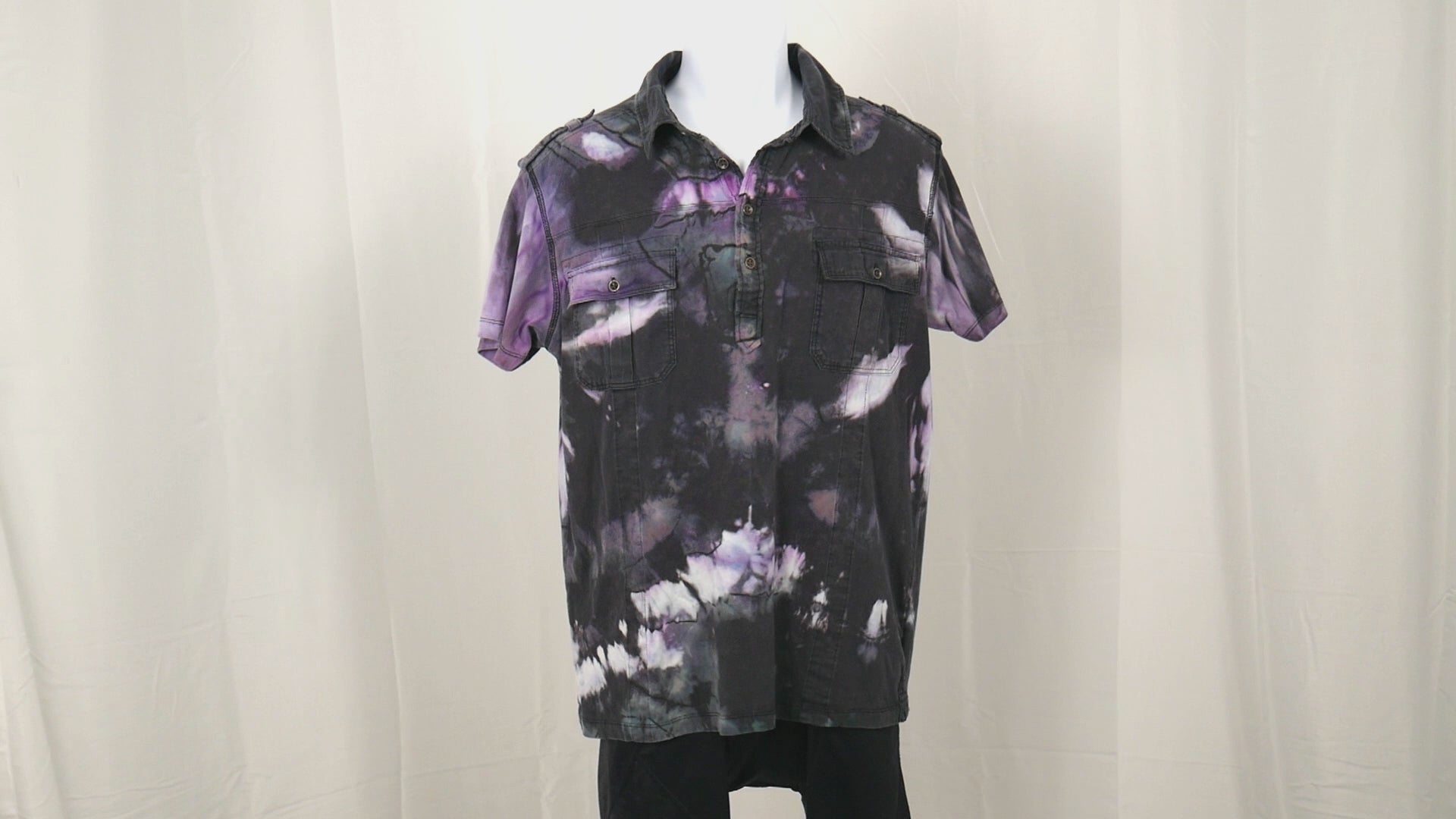 Reverse Tie Dye Mens Polo Shirt Large - Black Purple Hand Dyed 360 View