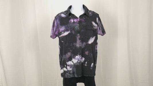 Reverse Tie Dye Mens Polo Shirt Large - Black Purple Hand Dyed 360 View